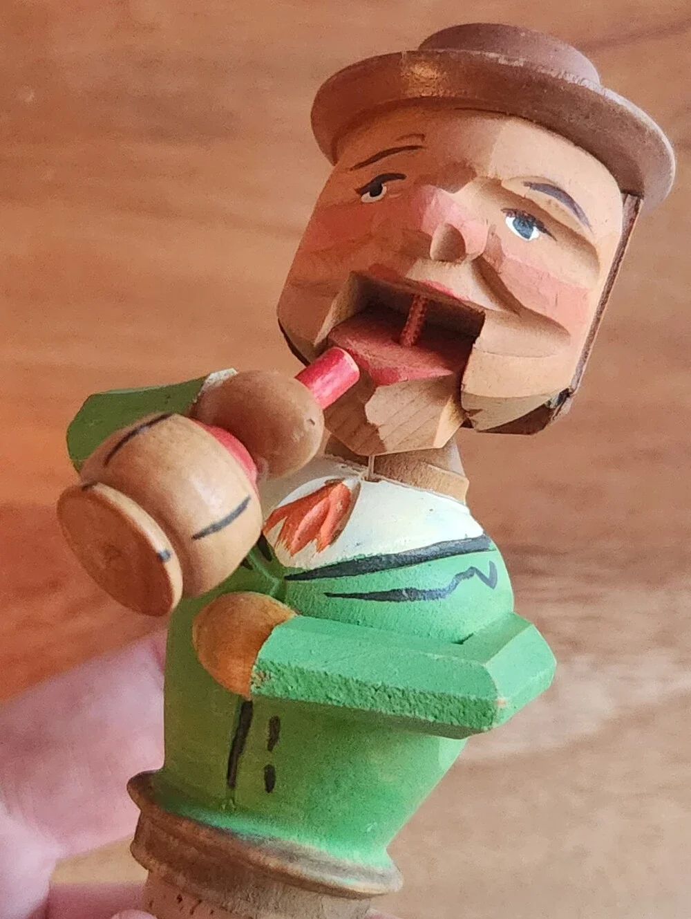 Vintage ANRI Hand Carved Folk Art Wooden Pull-String Cork Bottle Stopper